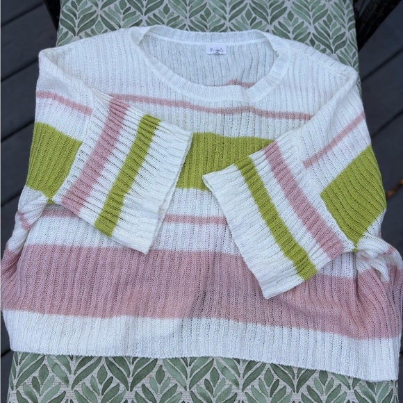 POL Sweaters - POL Women’s Open Knit Striped Sweater Size Medium Pullover Pink Green
